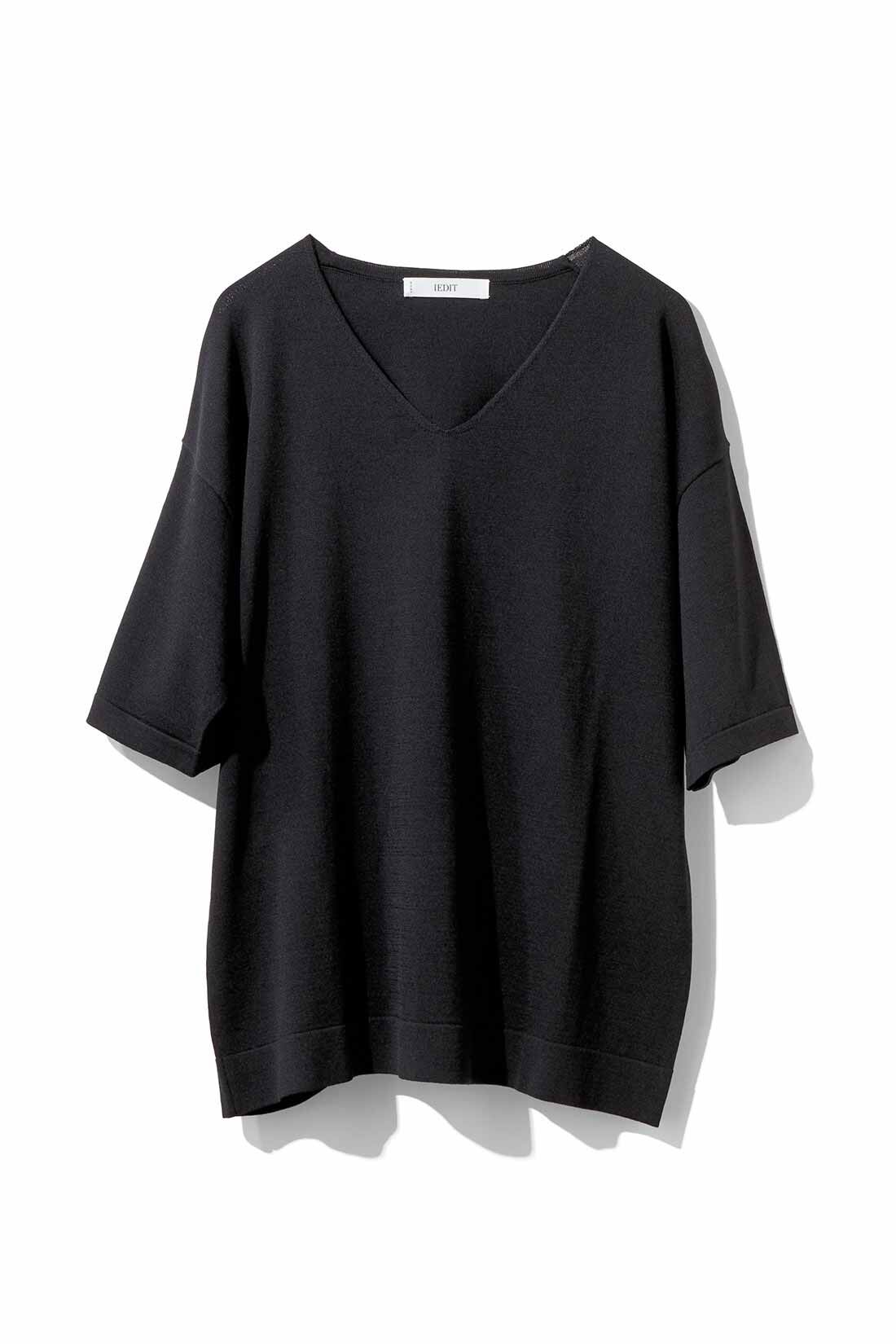 Real Stock|IEDIT[イディット]　Tシャツライクに着たい 接触冷感が心地よい シャリ感シンプルニット〈ブラック〉|ブラック