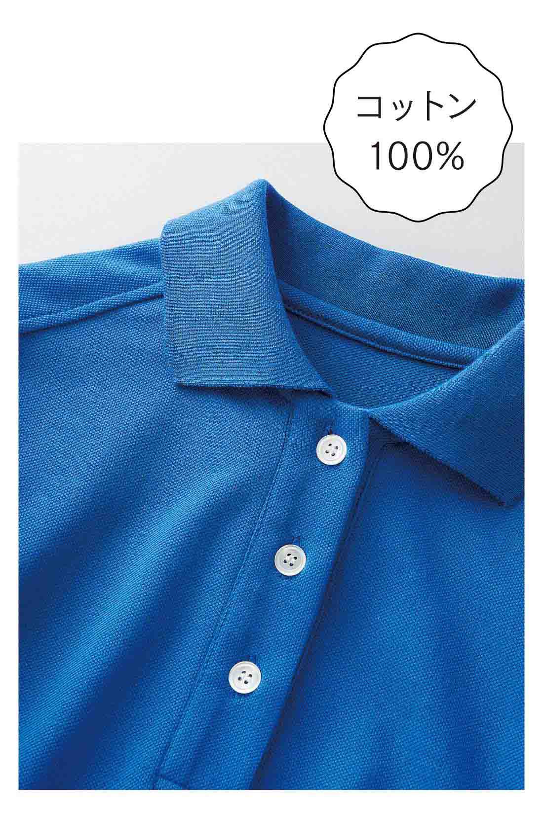 Real Stock|【おはだが気になるみんなへ】コットン100％ かのこ編みの涼やかパフスリーブポロシャツ〈ブルー〉|リブの衿まで綿100％にこだわった、さらっとやわらかな肌心地のかのこ編みカットソー。