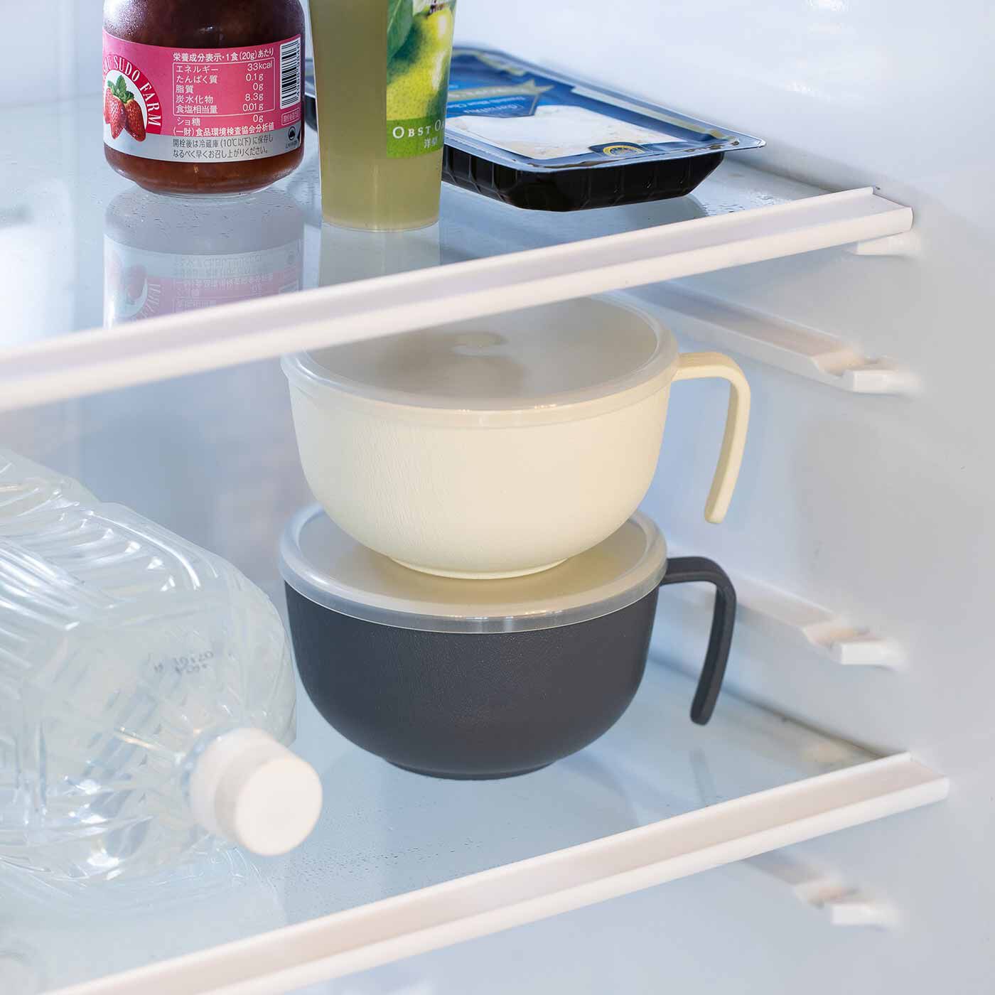Real Stock|ラミプリュス　L字の持ち手が収納に便利！ 調理保存・あたためまでできる ふた付きマルチカップ|ふたをして冷蔵庫で保存もおまかせ。積み重ねられるので省スペース。
