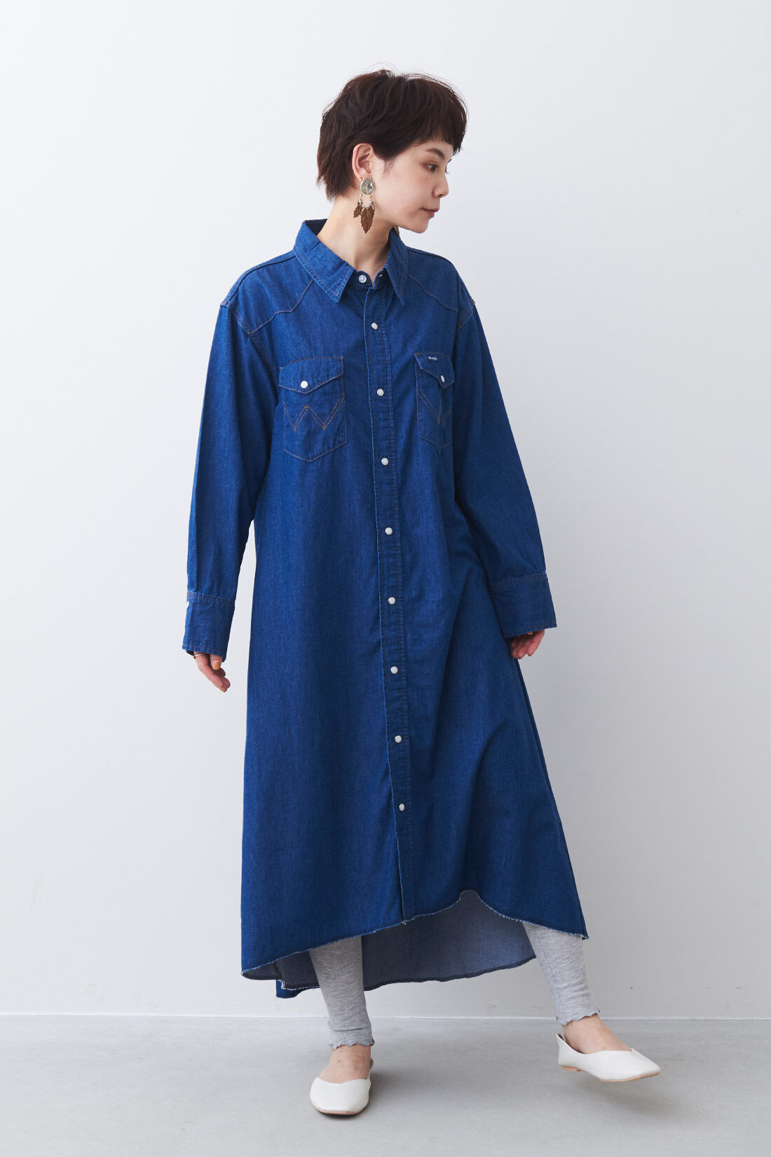 Real Stock|MEDE19F 〈SELECT〉 Wrangler デニムウエスタンシャツドレス|1・濃いブルー　※モデル身長：157cm