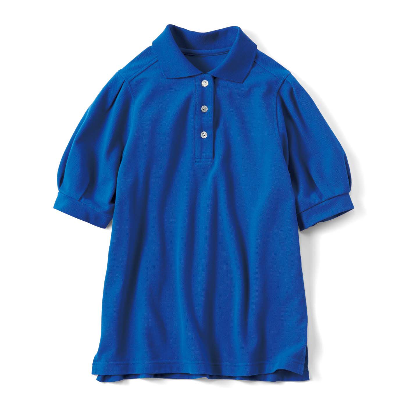 IEDIT | コットン100％ かのこ編み パフスリーブ ポロシャツ〈青〉