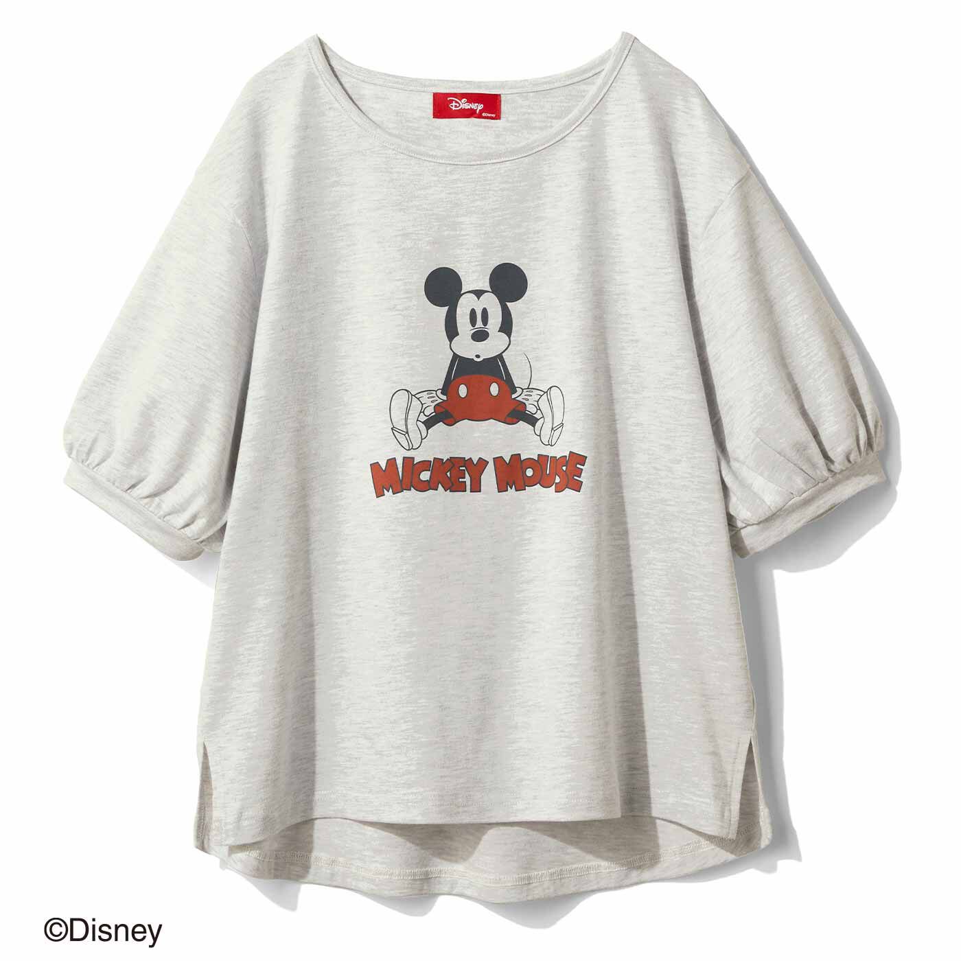 IEDIT | Disney 「ミッキーマウス」 古着風 プリント パフスリーブ Ｔシャツ 〈ベージュ〉