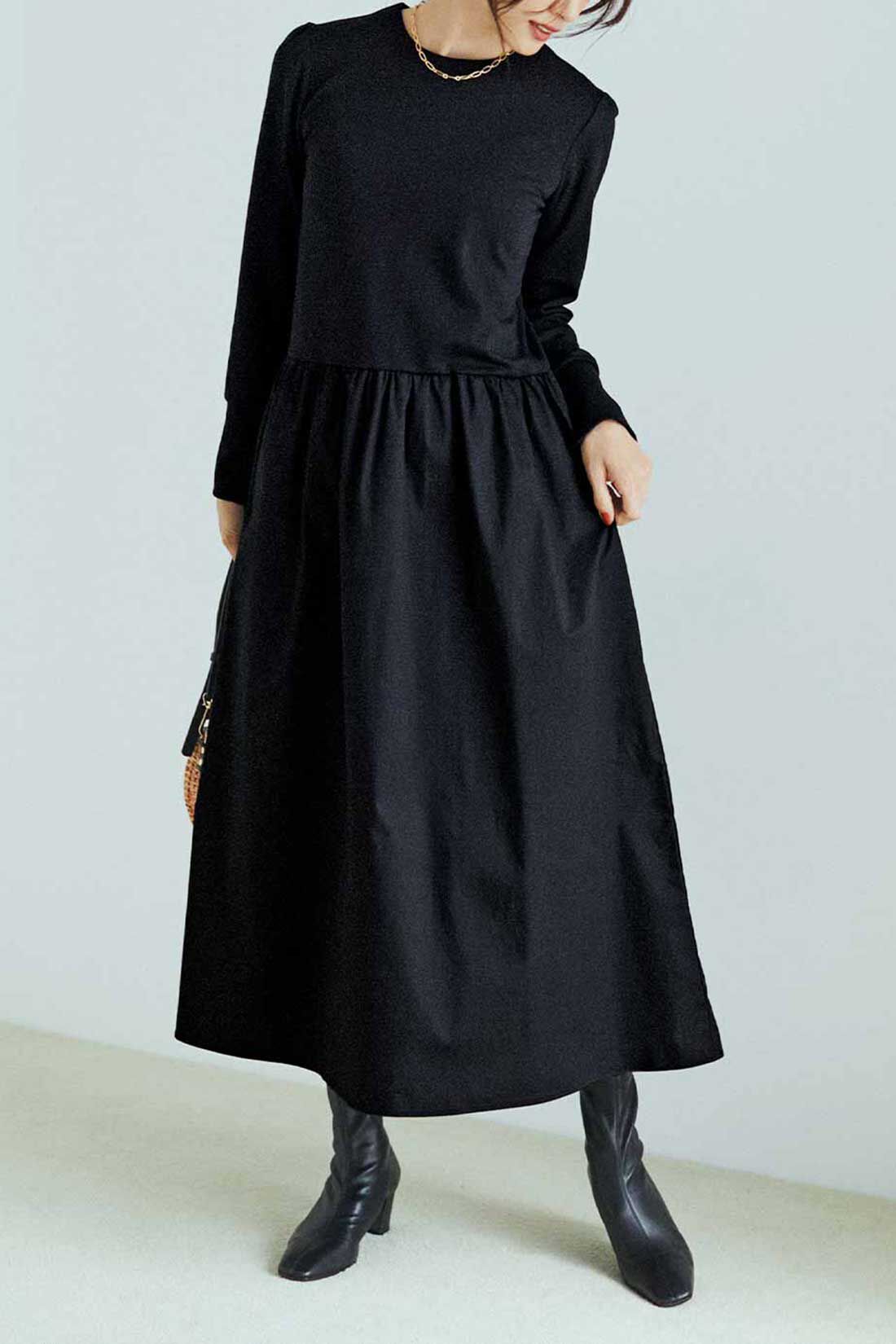 IEDIT|IEDIT[イディット]　小森美穂子さんコラボ カットソーポンチ素材と布はくドッキングのきれい見えワンピース〈ブラック〉
