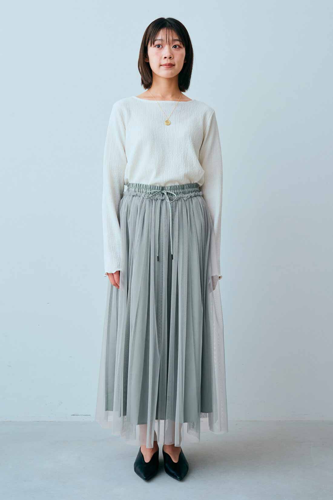IEDIT|プリーツデザイン チュール レイヤード スカート〈緑〉のコーディネート