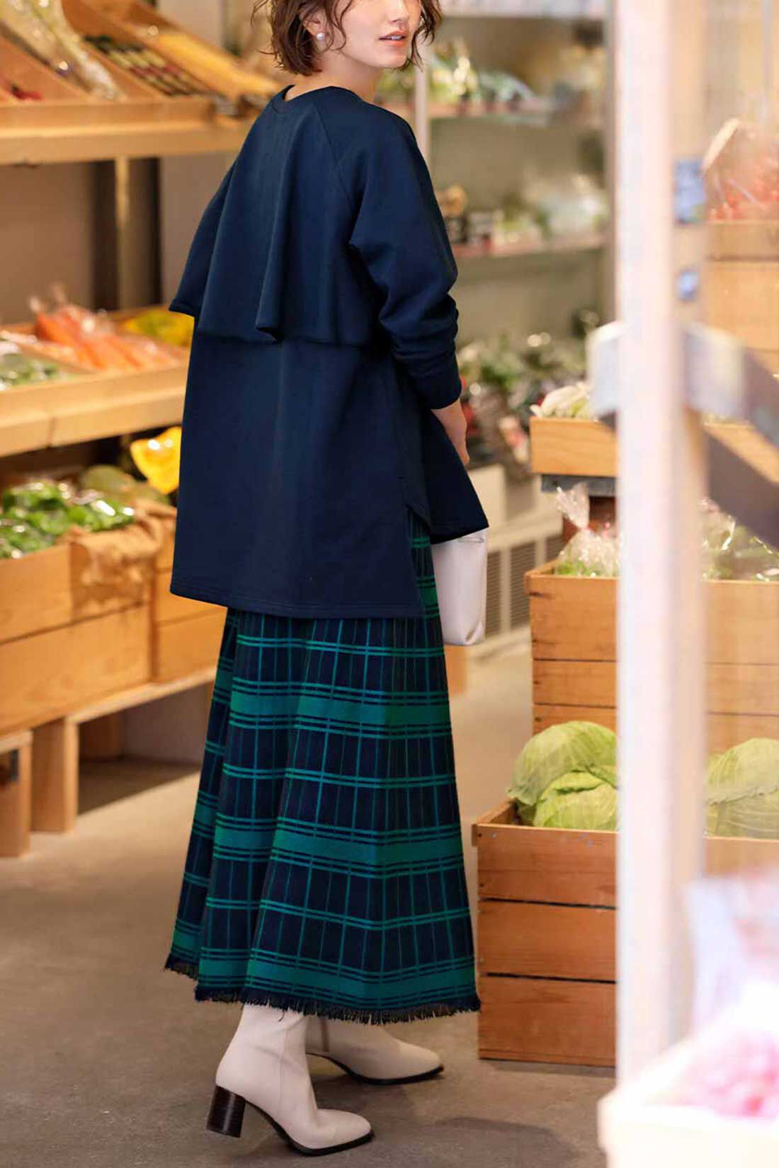 IEDIT | ダブル ジャカード ツイード チェック フリンジ ニット ロング スカート 〈紺×緑〉