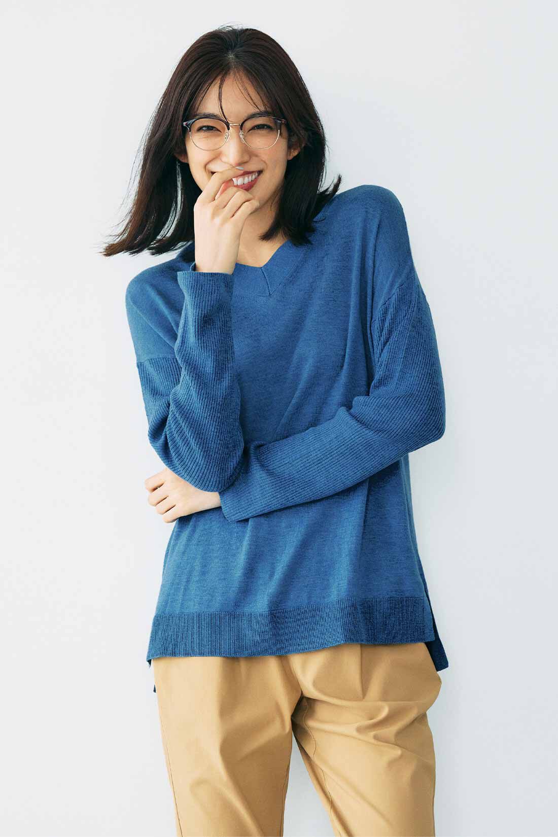 トップスKANSAI ベルベットニットセーター 刺繍 デザイン ブルー/EW454