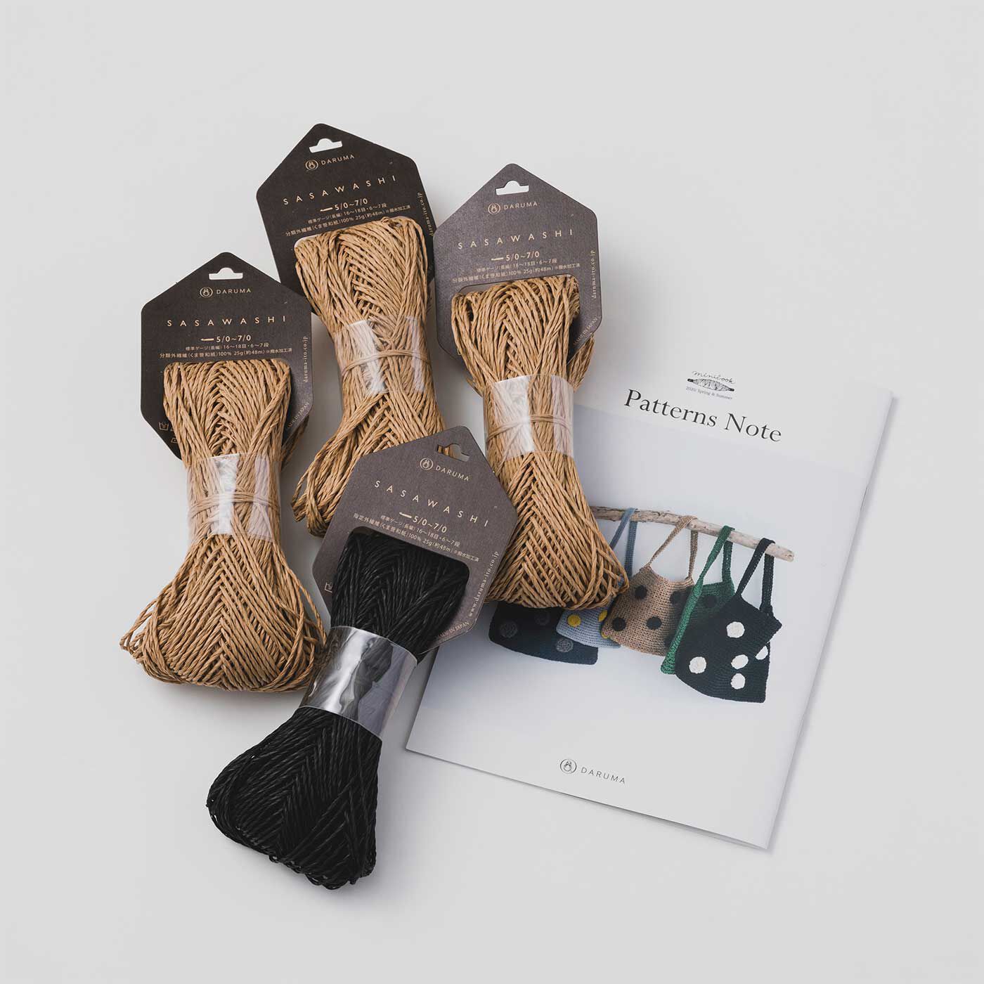 Couturier special|水玉ベージュのバッグが編める ＳＡＳＡＷＡＳＨＩ糸とミニブック「ＰａｔｔｅｒｎｓＮｏｔｅ」|●お届けの一式です。