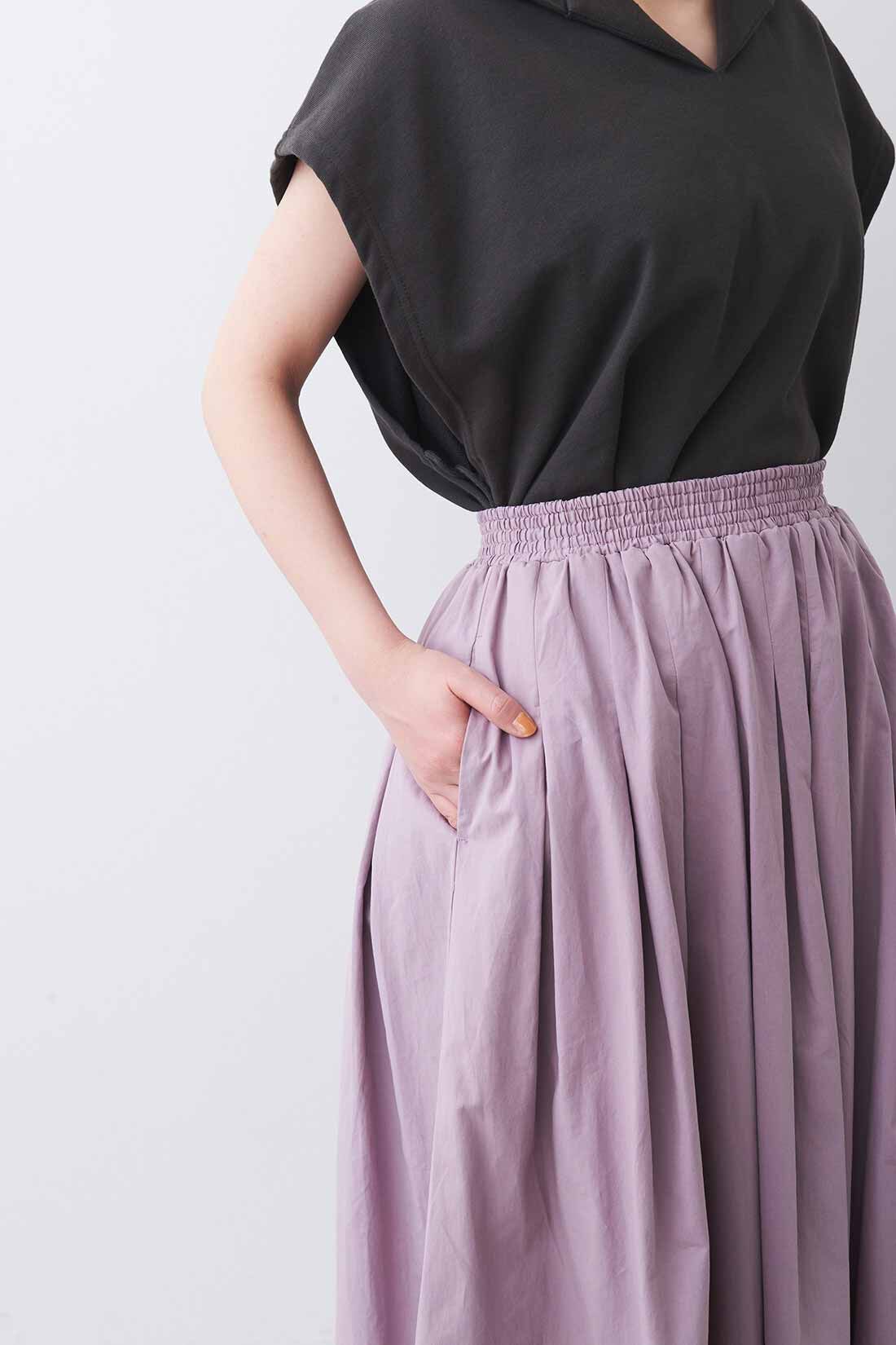 MEDE19F|MEDE19F　タックギャザーロングスカート〈ライラックピンク〉|たっぷりのギャザーとタックでウエストまわりをカバー。うれしいポケット付き。