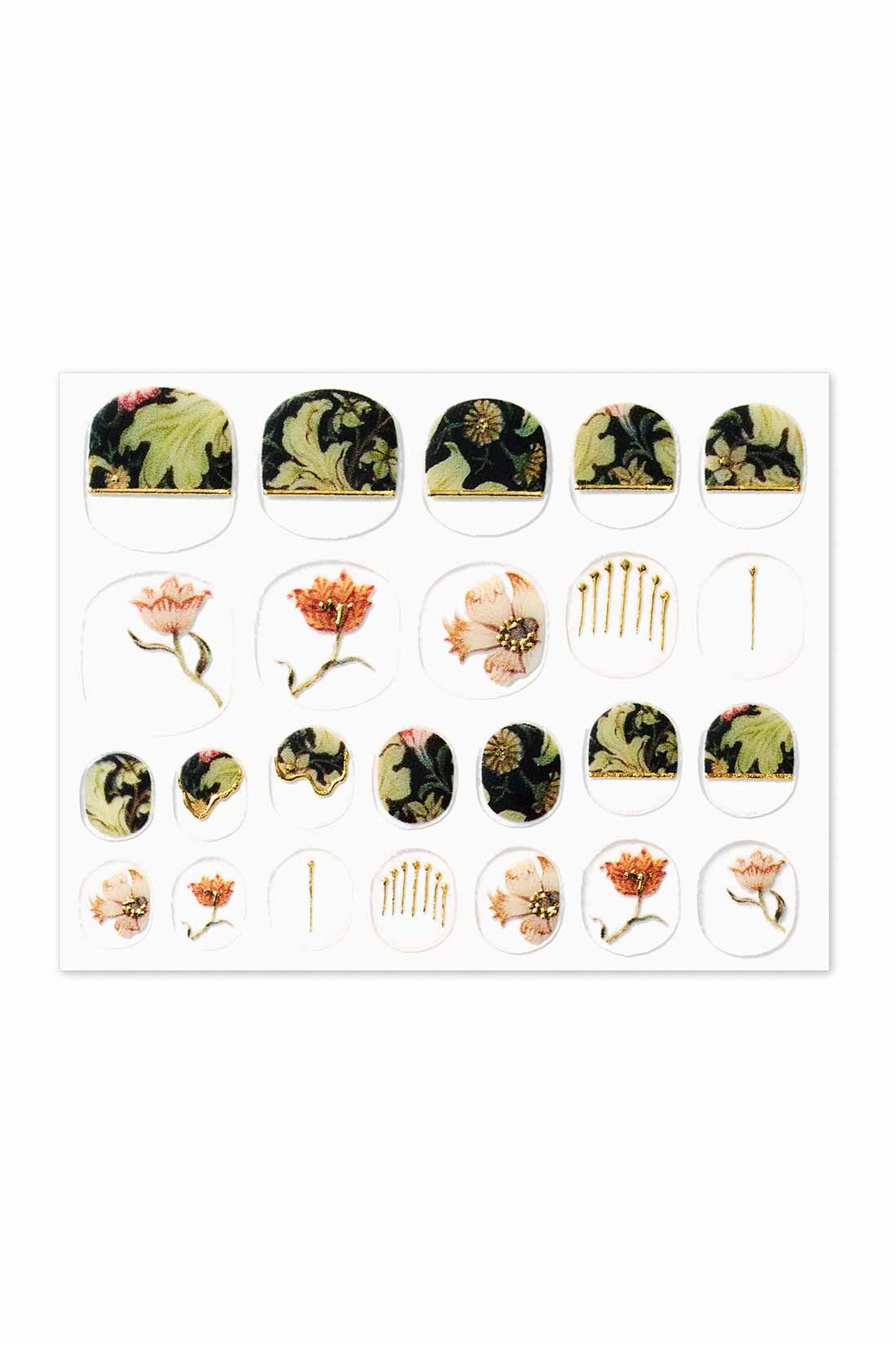 MEDE19F|MEDE19F　モリスの世界をまとうネイルシールの会|草花のダマスク調柄で大人っぽいつめ先に。チューリップの花やゴールドの花糸のきらめきで華やかさを添えて。
