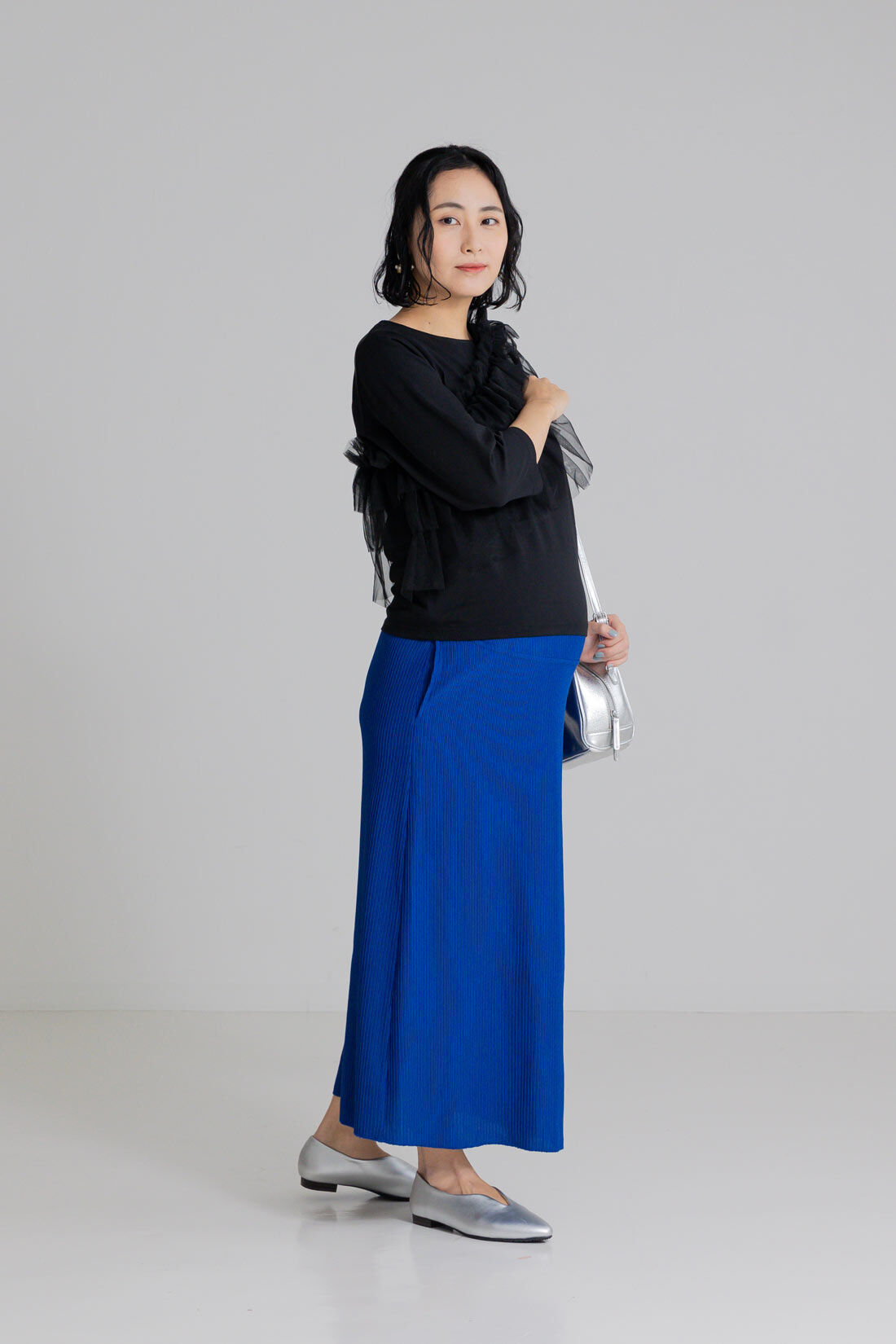 フェリシモMama|Moredde　リップルカットソー素材がらくちんきれいな　産前産後使えるIラインスカート〈ブルー〉