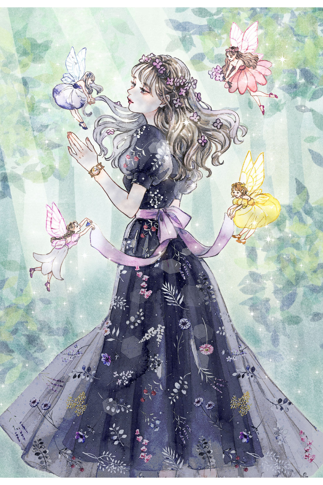 魔法部|魔法部×ミヤマアユミ　妖精の庭　舞い遊ぶ花畑のシフォンワンピース〈ネイビー〉