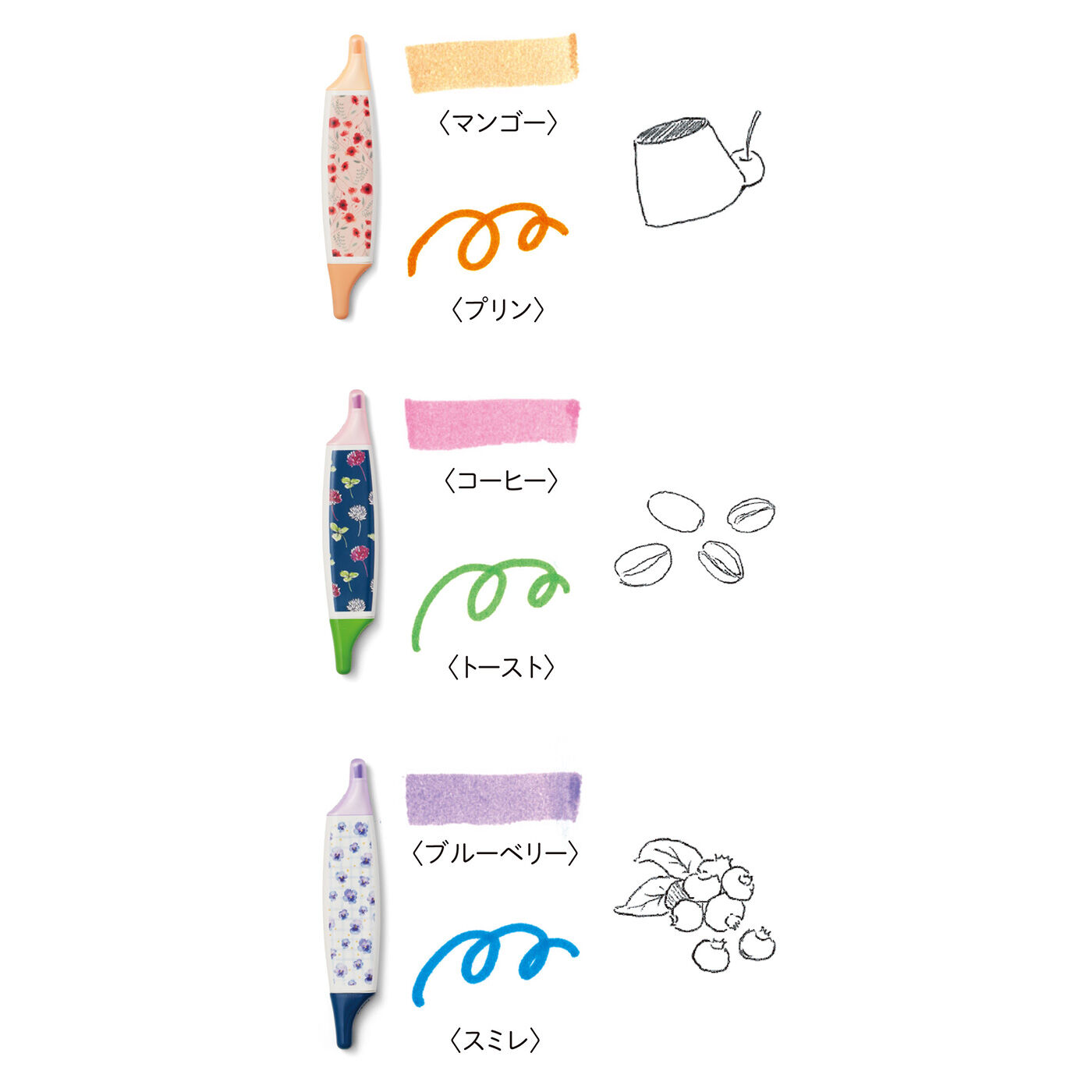 フェリシモの雑貨 Kraso|ガラフル　ペンは香り付き♪ 気分ときめくステーショナリーセットの会|香り付きペン　上下で色と香りが違うよ♪