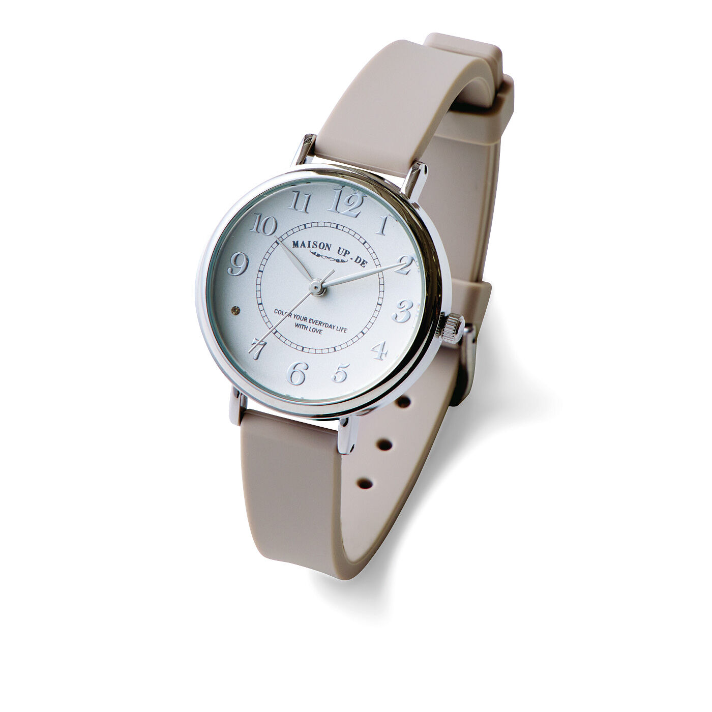 フェリシモの雑貨 Kraso|UP.de　ラッキー８が輝く ５気圧防水の革見えシリコーンバンド腕時計の会|〈ベージュ×シルバー〉