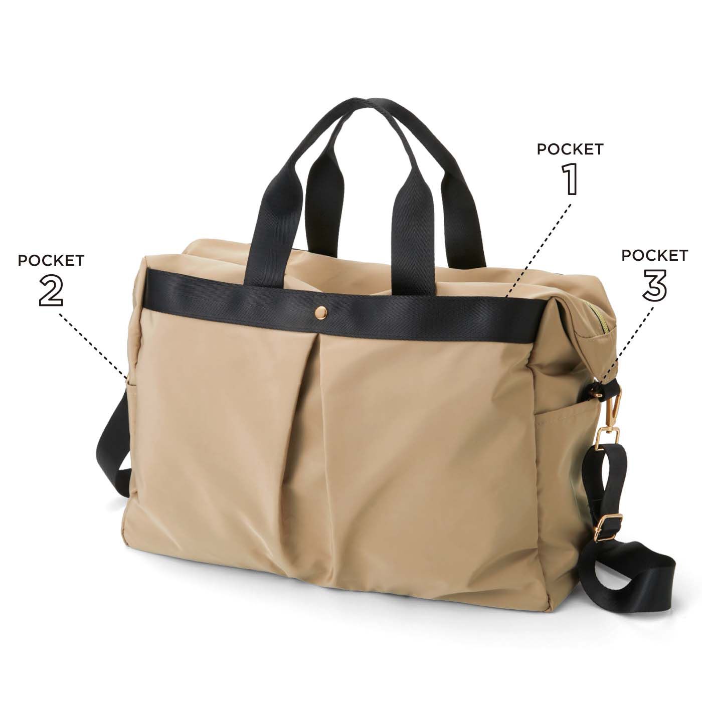 フェリシモの雑貨 Kraso|7ポケットで使いやすい 大きめボストンバッグ|大小合わせて7つのポケット付き。