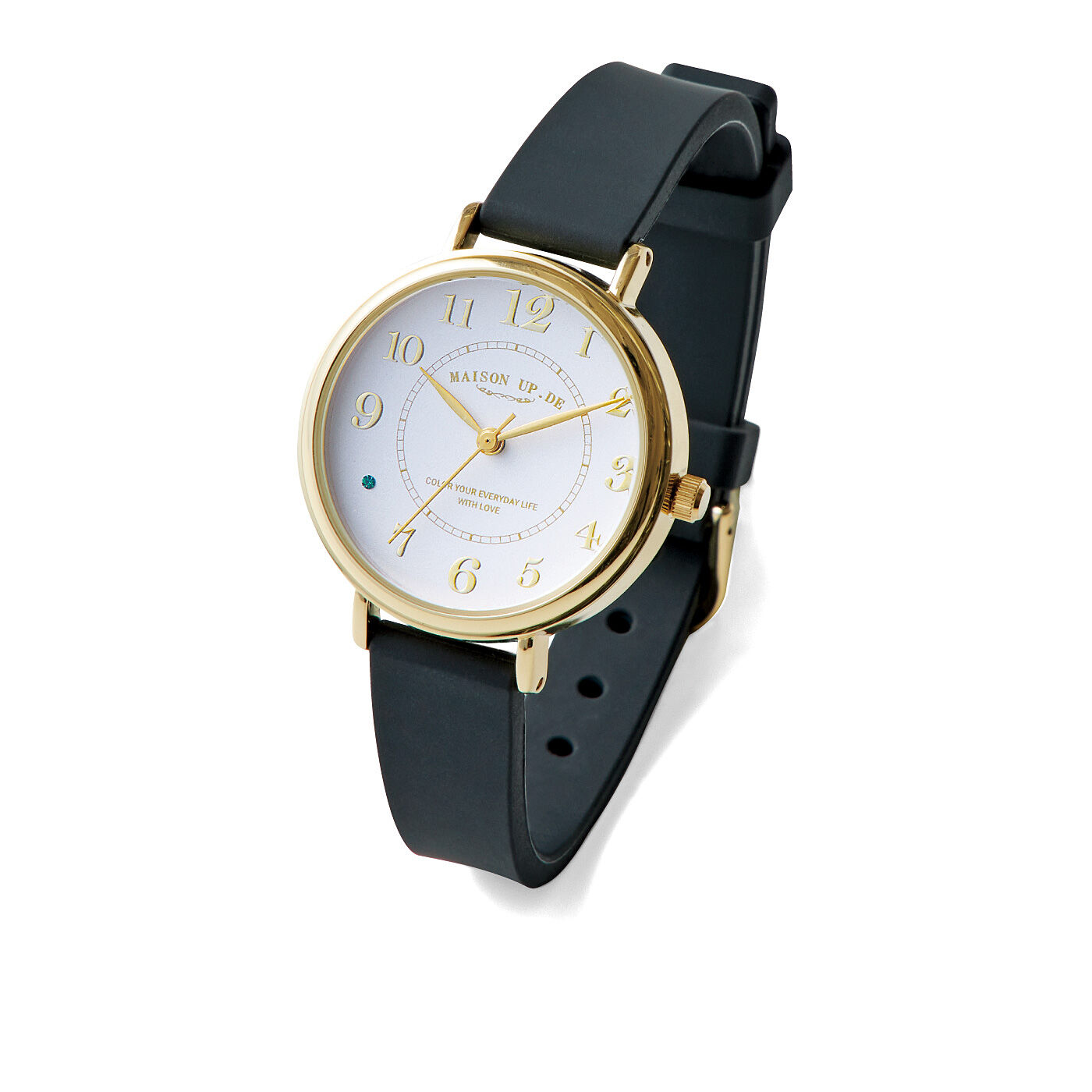 フェリシモの雑貨 Kraso|UP.de　ラッキー８が輝く ５気圧防水の革見えシリコーンバンド腕時計の会|〈ブラック×ゴールド〉