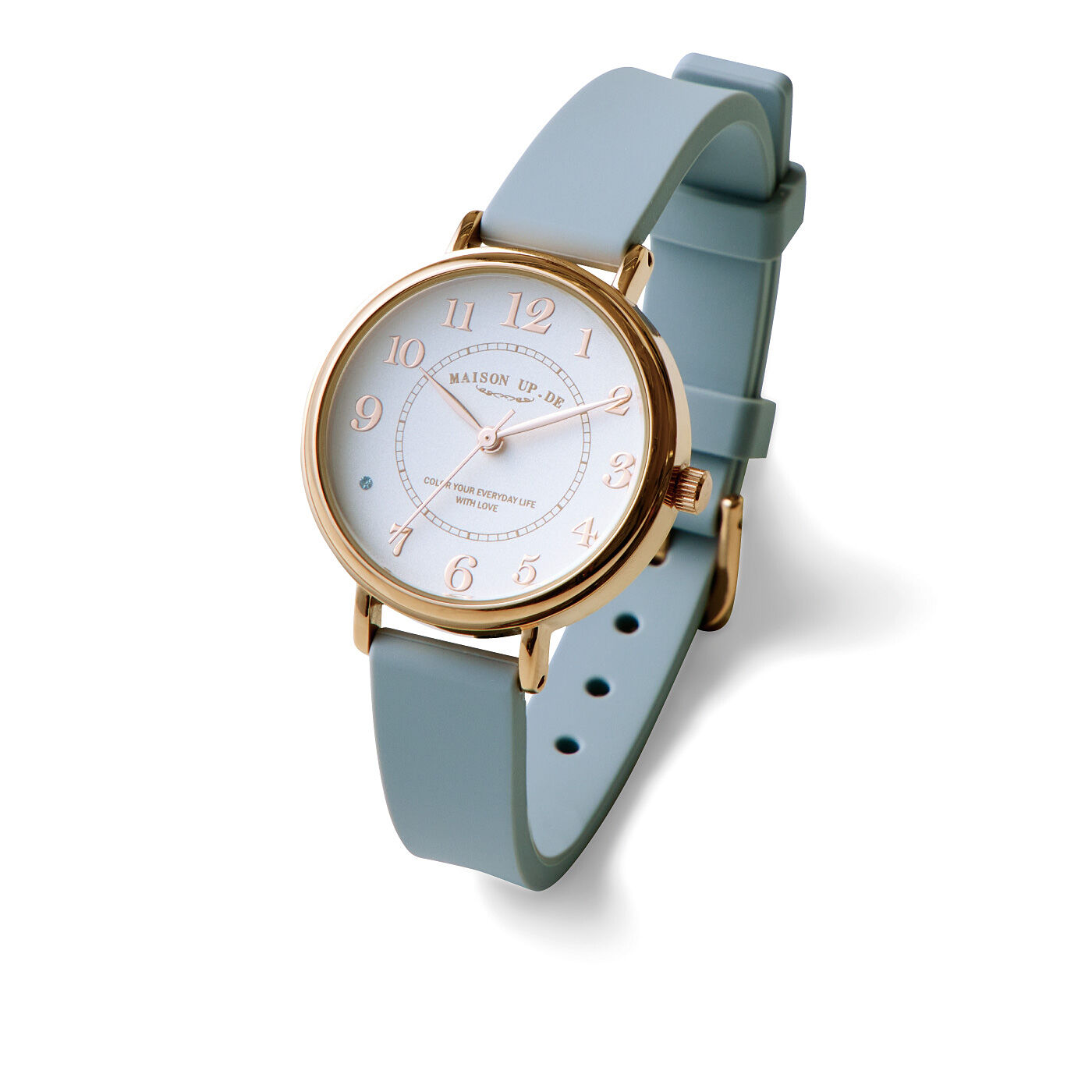 フェリシモの雑貨 Kraso|UP.de　ラッキー８が輝く ５気圧防水の革見えシリコーンバンド腕時計の会|〈ブルー×ピンクゴールド〉