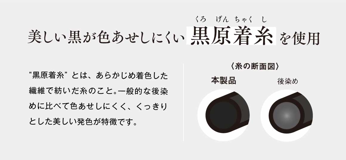 美しい黒が色あせしにくい黒原着糸（くろげんちゃくし）を使用　“黒原着糸”とは、あらかじめ着色した繊維で紡いだ糸のこと。一般的な後染めに比べて色あせしにくく、くっきりとした美しい発色が特徴です。